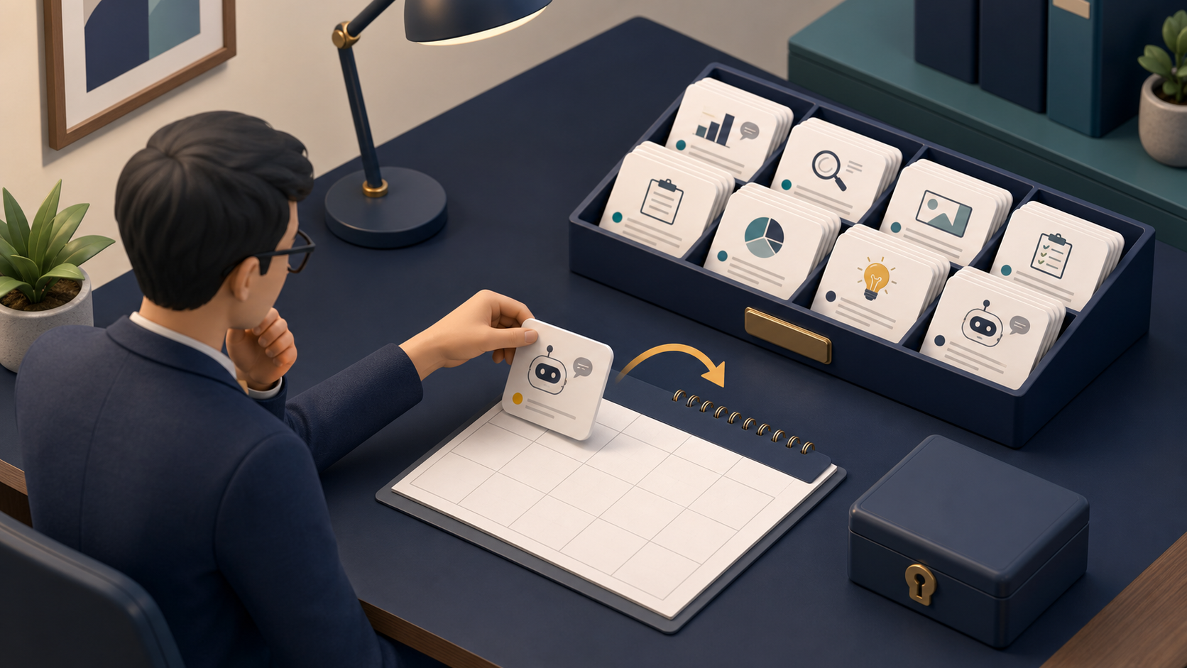 多くのAIニュースから今週試す一枚を予定表へ置き、残りを保管する3D図解