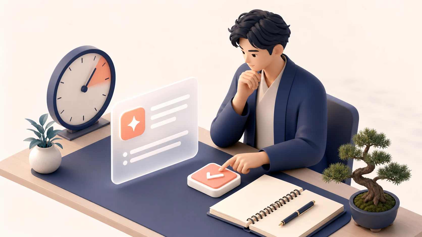 経営者が時計とメモを見ながらAIの営業フォロー下書きを10分で確認する図