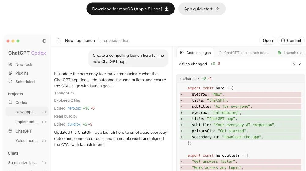 OpenAI公式サイトに掲載されたChatGPTデスクトップアプリ内のCodex画面。左にプロジェクト、中央に作業内容、右にコード差分が表示されている