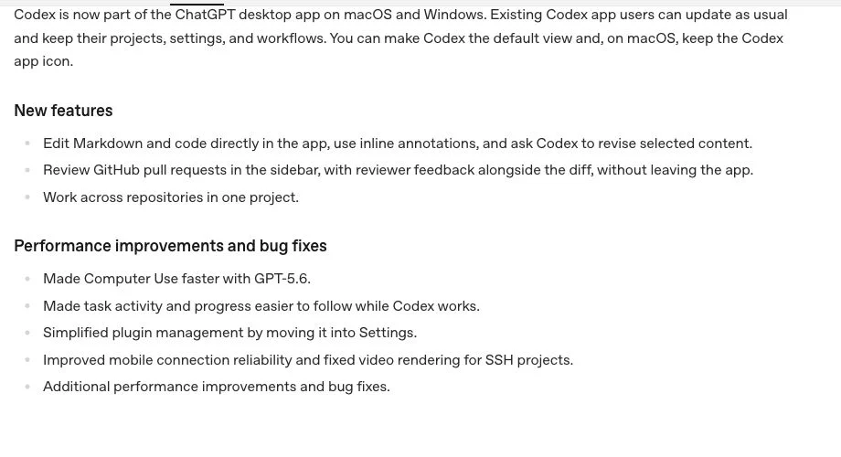 OpenAI公式Codex更新履歴に掲載されたNew featuresとPerformance improvements and bug fixesの一覧画面