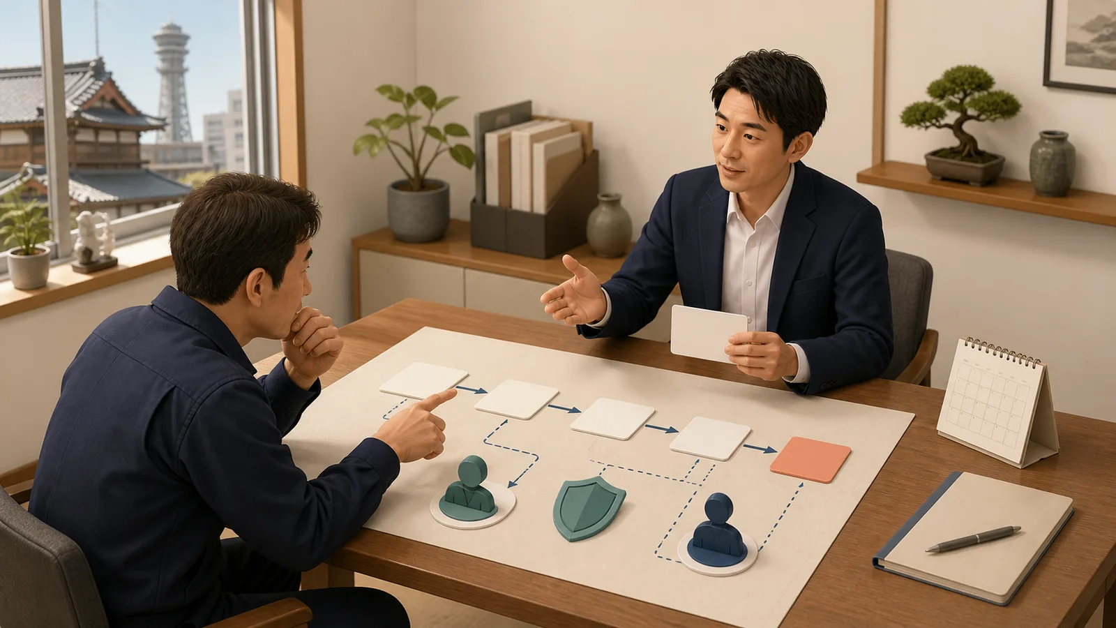 大阪の中小企業がAI導入の初回相談で進め方と責任分担を確認する様子