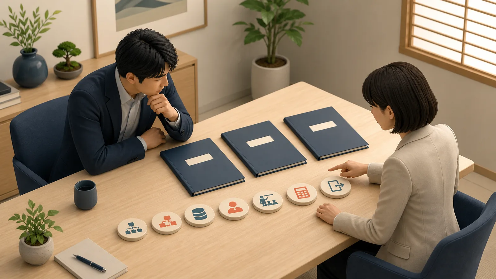 AI導入支援会社の提案を7つの基準で比較する様子